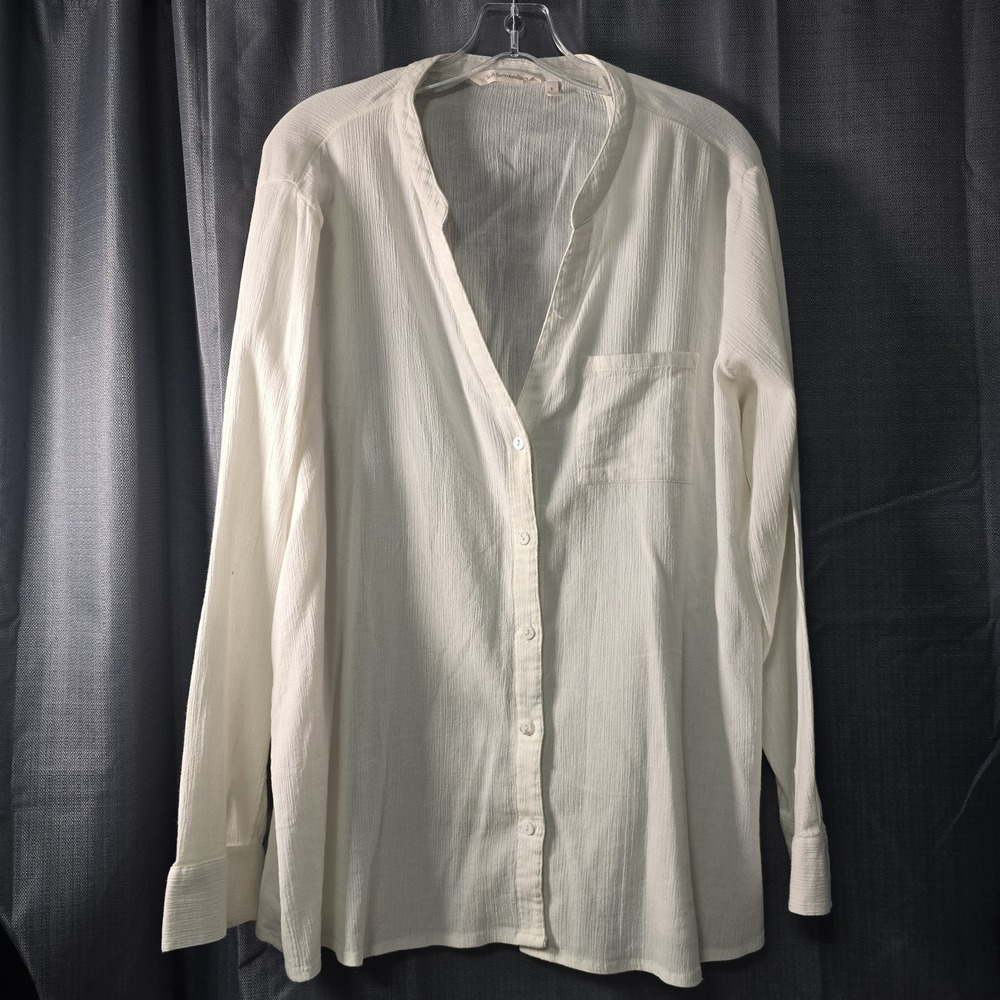 Soft Surroundings White Button-Up V-Neck Shirt with Pocket Women's Long Sleeve L
